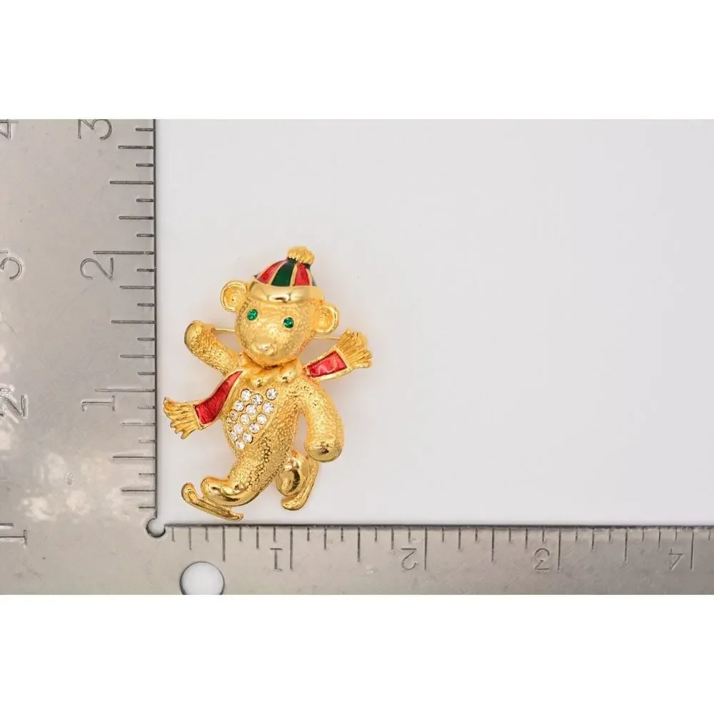 Vintage Christmas Bear Pin Brooch Brushed Gold Ice Skating Holiday Heavy BinAT